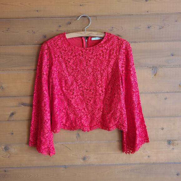 Alice + Olivia Top Pasha Corded Lace Crop Blouse Poppy Red S Flare Sleeve Shirt - Picture 2 of 4